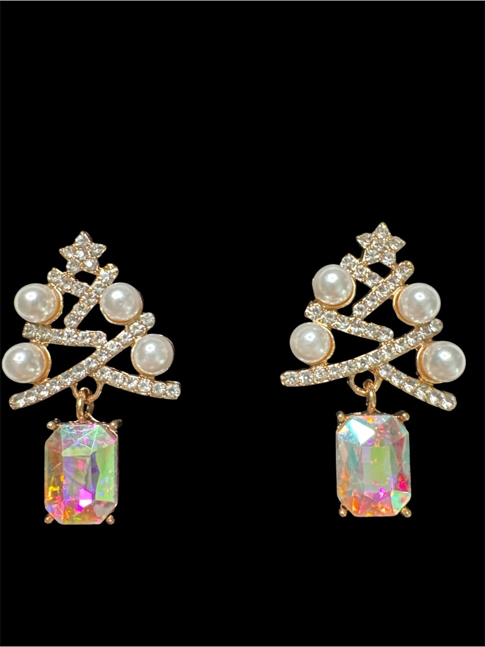 Gold Pearl & Aurora Crystal Holiday Tree Earrings